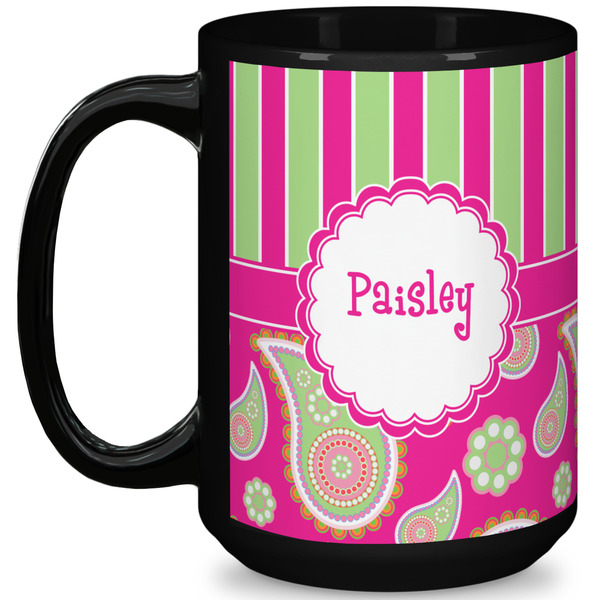 Custom Pink & Green Paisley and Stripes 15 Oz Coffee Mug - Black (Personalized)