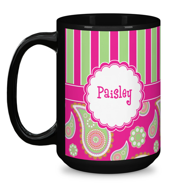 Pink & Green Paisley and Stripes Coffee Mug - 15 oz - Black