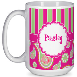 Pink & Green Paisley and Stripes 15 Oz Coffee Mug - White (Personalized)
