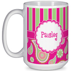 Pink & Green Paisley and Stripes 15 Oz Coffee Mug - White (Personalized)
