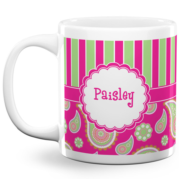 Custom Pink & Green Paisley and Stripes 20 Oz Coffee Mug - White (Personalized)