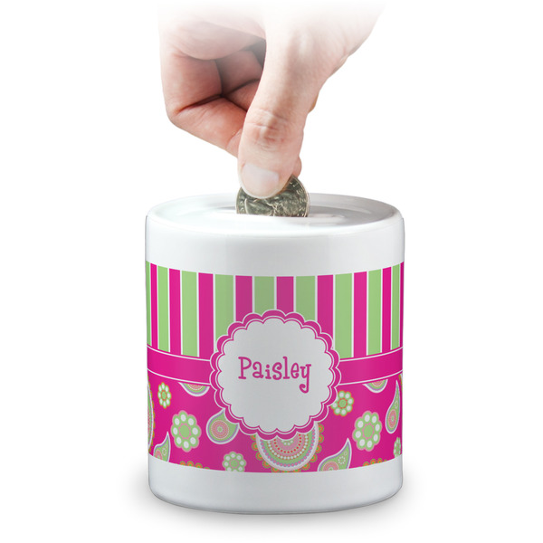 Custom Pink & Green Paisley and Stripes Coin Bank (Personalized)