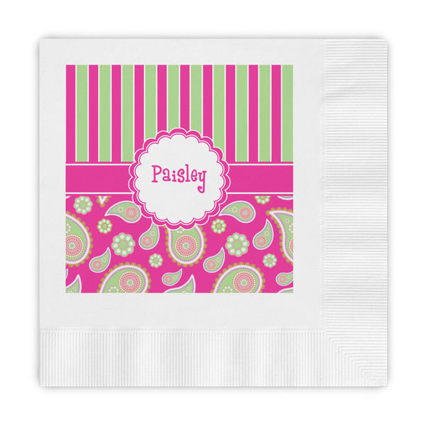 Custom Pink & Green Paisley and Stripes Embossed Decorative Napkins (Personalized)
