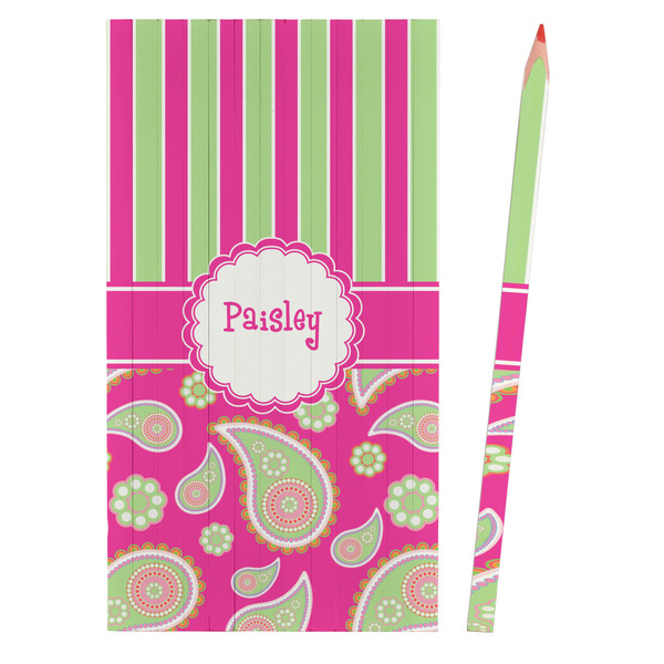 Pink & Green Paisley and Stripes Colored Pencils - Front View