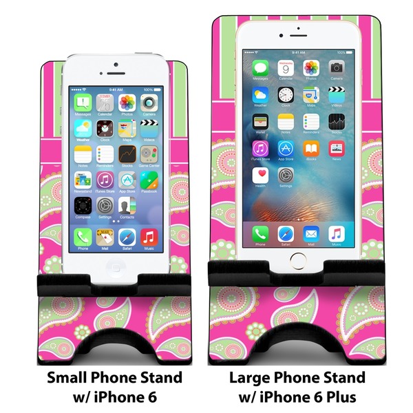 Pink & Green Paisley and Stripes Compare Phone Stand Sizes - with iPhones