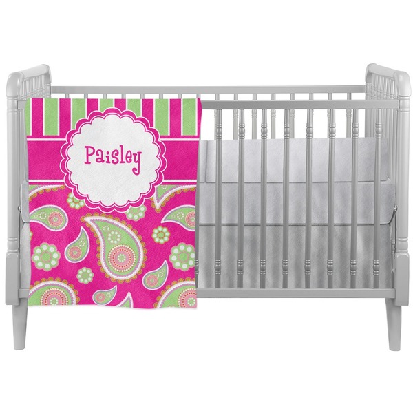 Custom Pink & Green Paisley and Stripes Crib Comforter / Quilt (Personalized)