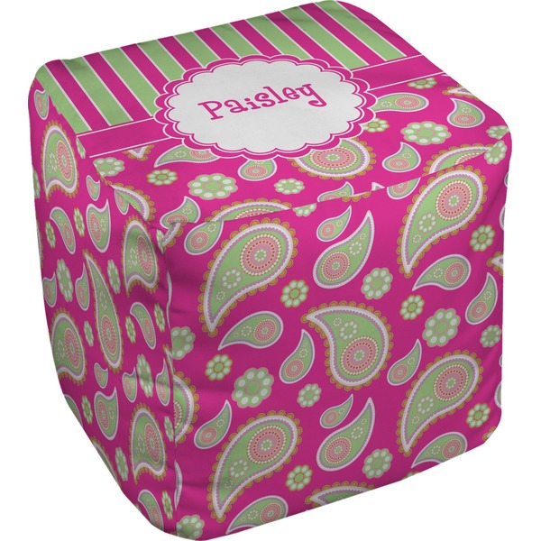 Custom Pink & Green Paisley and Stripes Cube Pouf Ottoman (Personalized)