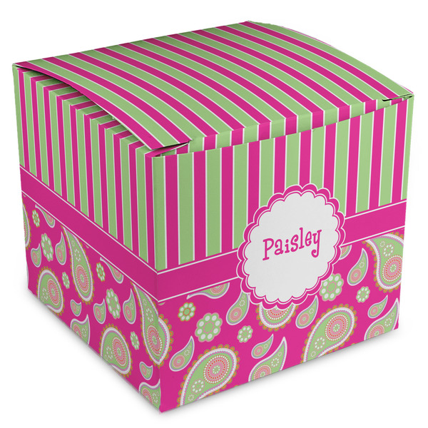Custom Pink & Green Paisley and Stripes Cube Favor Gift Boxes (Personalized)