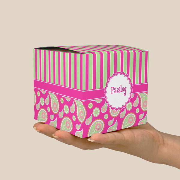 Pink & Green Paisley and Stripes Cube Favor Gift Box - On Hand - Scale View