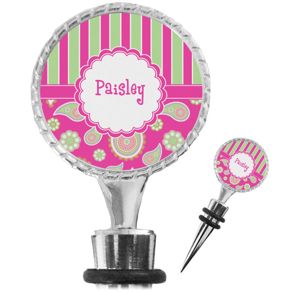 Custom Pink & Green Paisley and Stripes Wine Bottle Stopper (Personalized)