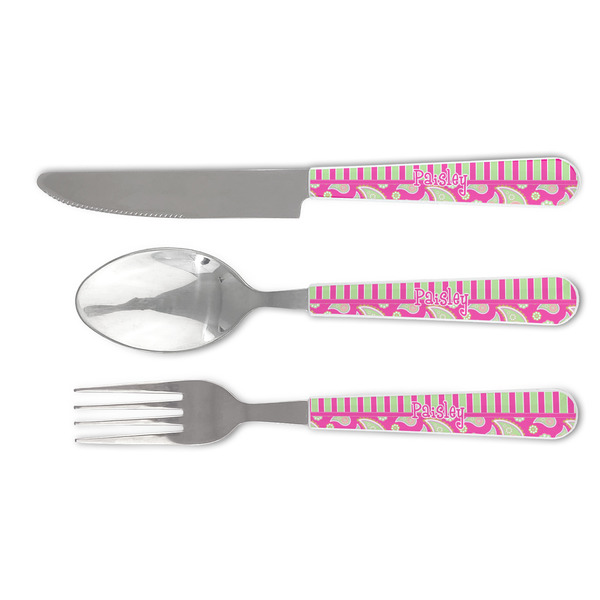 Custom Pink & Green Paisley and Stripes Cutlery Set (Personalized)