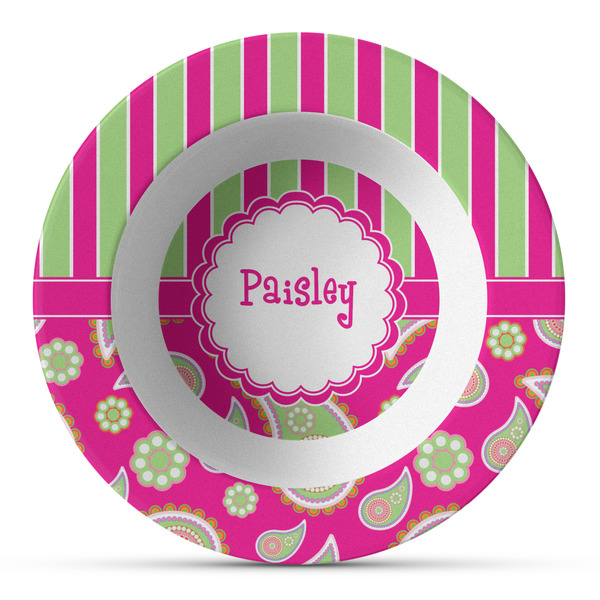 Custom Pink & Green Paisley and Stripes Plastic Bowl - Microwave Safe - Composite Polymer (Personalized)