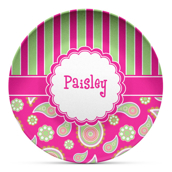 Custom Pink & Green Paisley and Stripes Microwave Safe Plastic Plate - Composite Polymer (Personalized)
