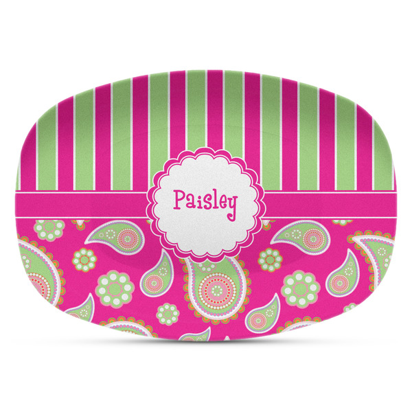 Custom Pink & Green Paisley and Stripes Plastic Platter - Microwave & Oven Safe Composite Polymer (Personalized)