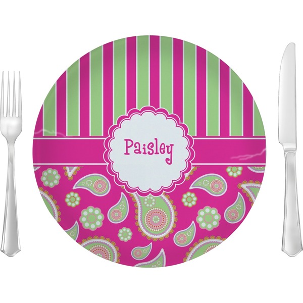 Custom Pink & Green Paisley and Stripes 10" Glass Lunch / Dinner Plates - Single or Set (Personalized)