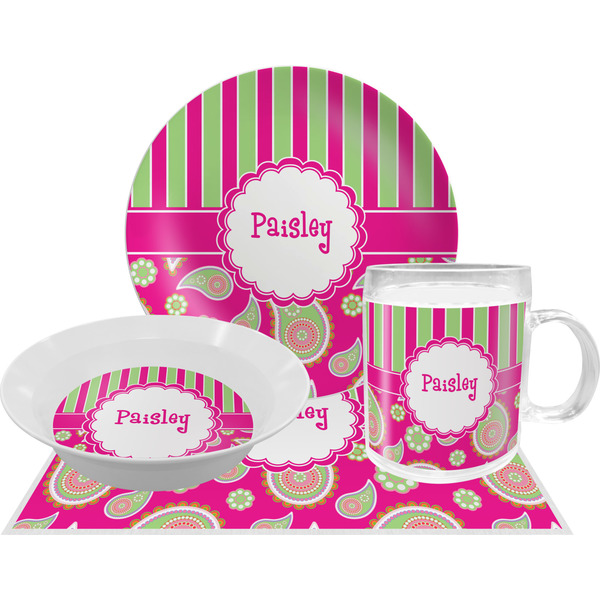 Custom Pink & Green Paisley and Stripes Dinner Set - Single 4 Pc Setting w/ Name or Text