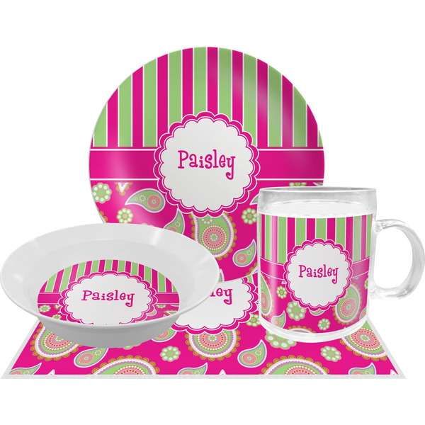 Pink & Green Paisley and Stripes Dinner Set - 4 Pc (Personalized)