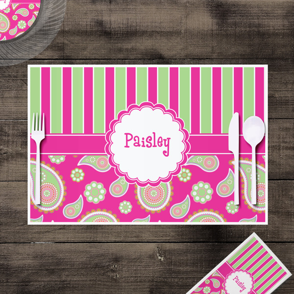 Pink & Green Paisley and Stripes Disposable Paper Placemat - In Context