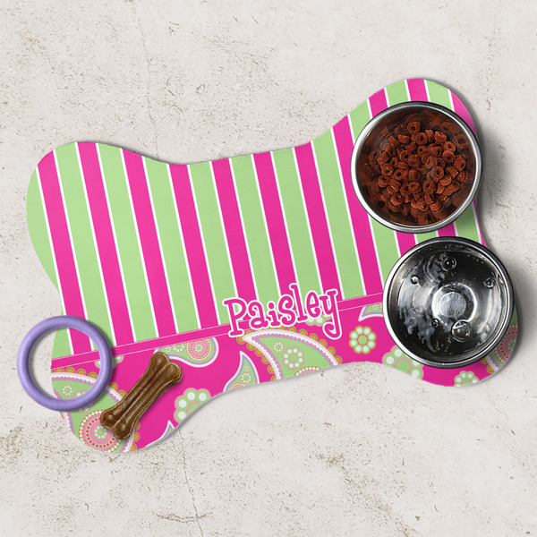 Pink & Green Paisley and Stripes Dog Bone Shaped Mat Lifestyle