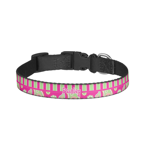 Custom Pink & Green Paisley and Stripes Dog Collar - Large (Personalized)