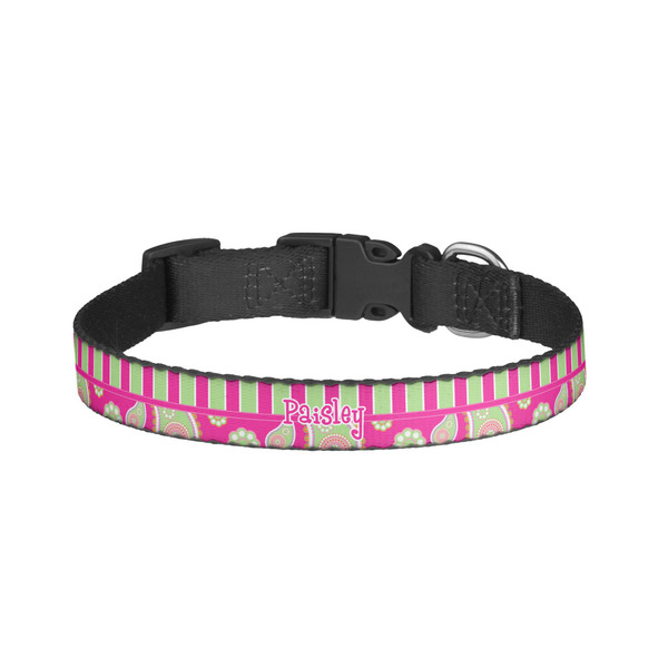 Custom Pink & Green Paisley and Stripes Dog Collar - Small (Personalized)