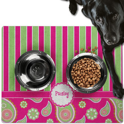 Pink & Green Paisley and Stripes Dog Food Mat - Large w/ Name or Text