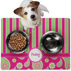 Pink & Green Paisley and Stripes Dog Food Mat - Medium w/ Name or Text