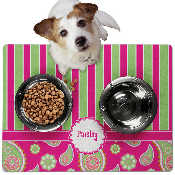 Custom Pink & Green Paisley and Stripes Dog Food Mat - Medium w/ Name or Text