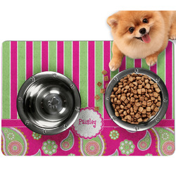 Pink & Green Paisley and Stripes Dog Food Mat - Small w/ Name or Text
