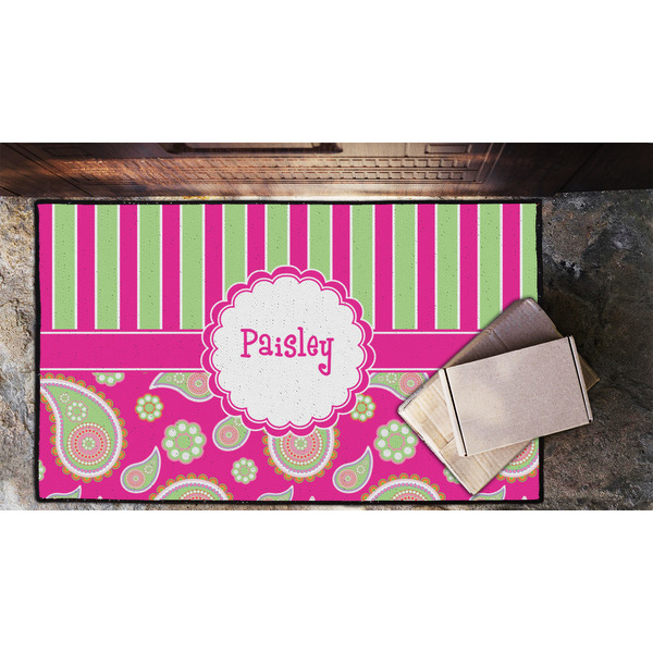 Pink & Green Paisley and Stripes Door Mat - LIFESTYLE (Lrg)