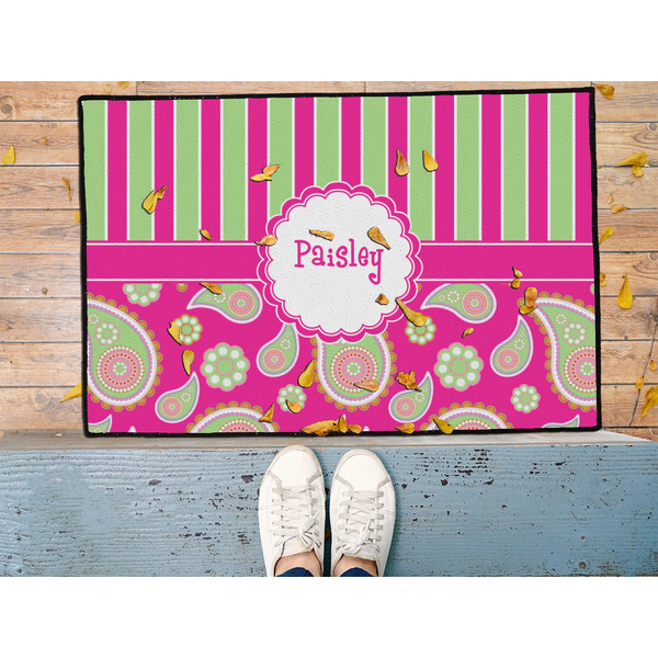 Pink & Green Paisley and Stripes Door Mat - LIFESTYLE (Med)