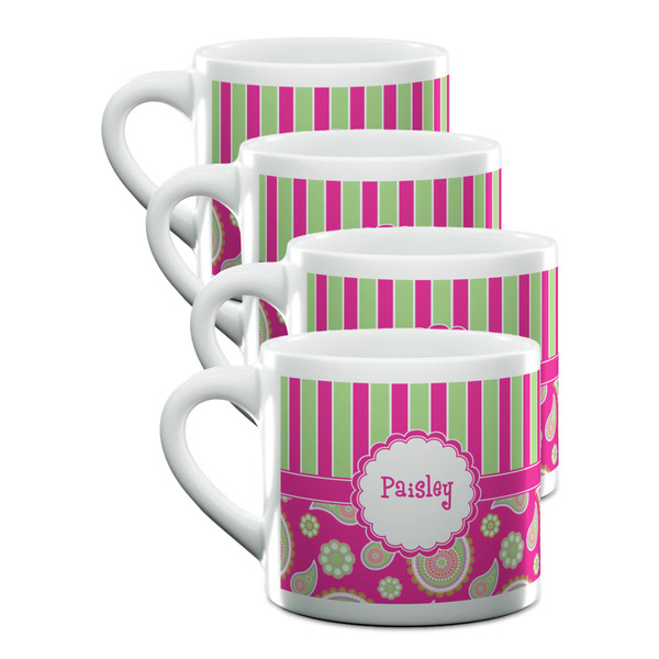 Custom Pink & Green Paisley and Stripes Double Shot Espresso Cups - Set of 4 (Personalized)