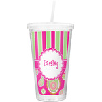 Pink & Green Paisley and Stripes Double Wall Tumbler with Straw (Personalized)