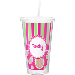 Pink & Green Paisley and Stripes Double Wall Tumbler with Straw (Personalized)