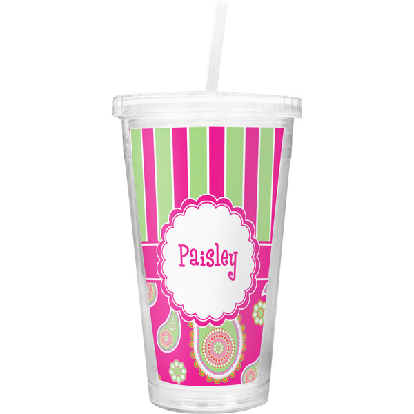 Custom Pink & Green Paisley and Stripes Double Wall Tumbler with Straw (Personalized)