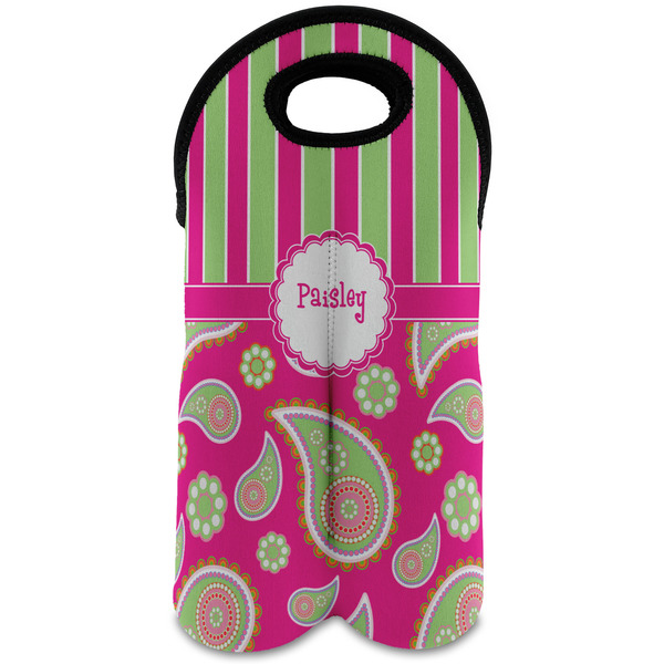 Custom Pink & Green Paisley and Stripes Wine Tote Bag (2 Bottles) (Personalized)