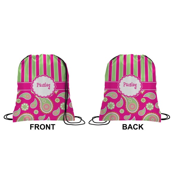 Pink & Green Paisley and Stripes Drawstring Backpack Front & Back Small