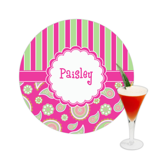 Custom Pink & Green Paisley and Stripes Printed Drink Topper -  2.5" (Personalized)