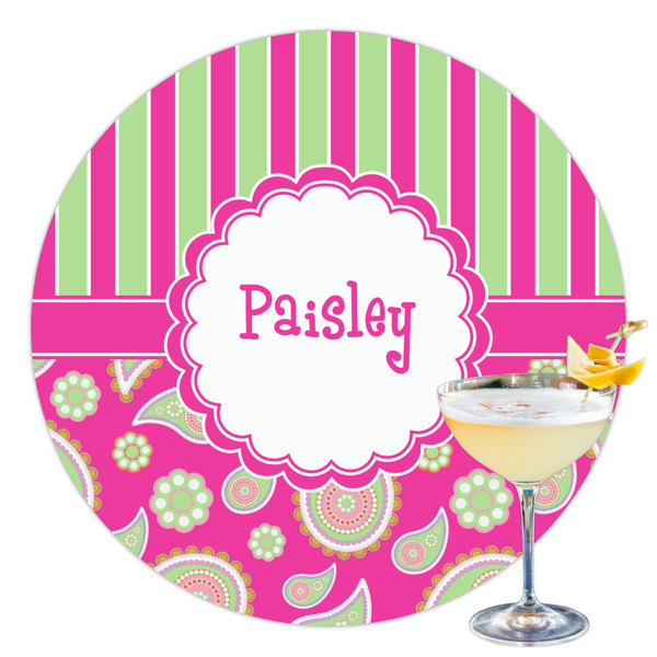Custom Pink & Green Paisley and Stripes Printed Drink Topper - 3.5" (Personalized)