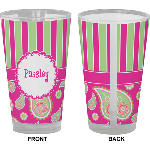 Pink & Green Paisley and Stripes Pint Glass - Full Color - Front & Back Views