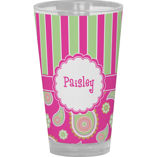 Custom Pink & Green Paisley and Stripes Pint Glass - Full Color (Personalized)