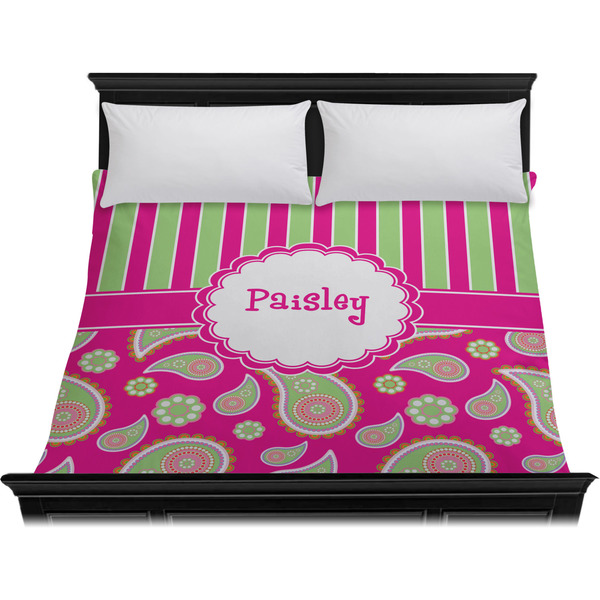 Pink & Green Paisley and Stripes Duvet Cover - King - On Bed - No Prop