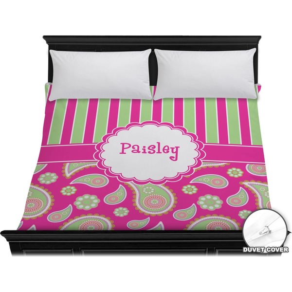 Custom Pink & Green Paisley and Stripes Duvet Cover - King (Personalized)