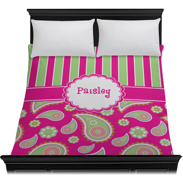 Pink & Green Paisley and Stripes Duvet Cover - Queen - On Bed - No Prop