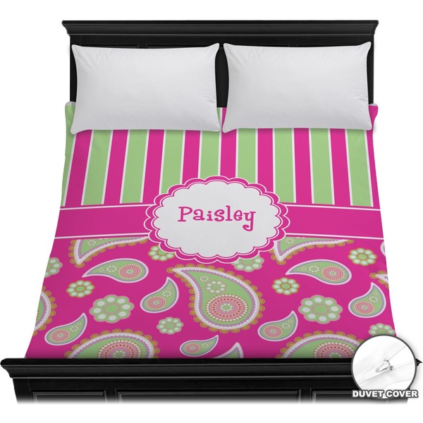 Custom Pink & Green Paisley and Stripes Duvet Cover - Full / Queen (Personalized)