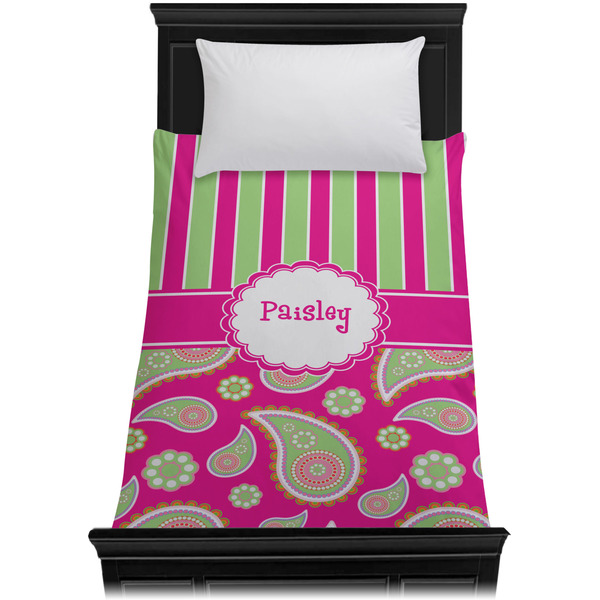 Pink & Green Paisley and Stripes Duvet Cover - Twin - On Bed - No Prop