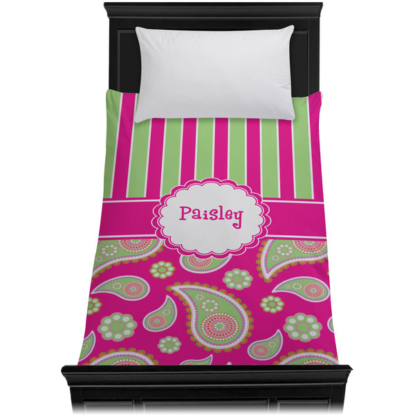 Pink & Green Paisley and Stripes Duvet Cover - Twin XL - On Bed - No Prop