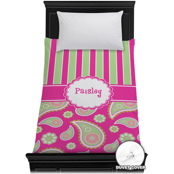 Custom Pink & Green Paisley and Stripes Duvet Cover - Twin XL (Personalized)