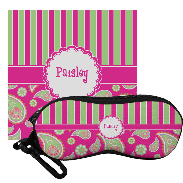 Custom Pink & Green Paisley and Stripes Eyeglass Case & Cloth (Personalized)