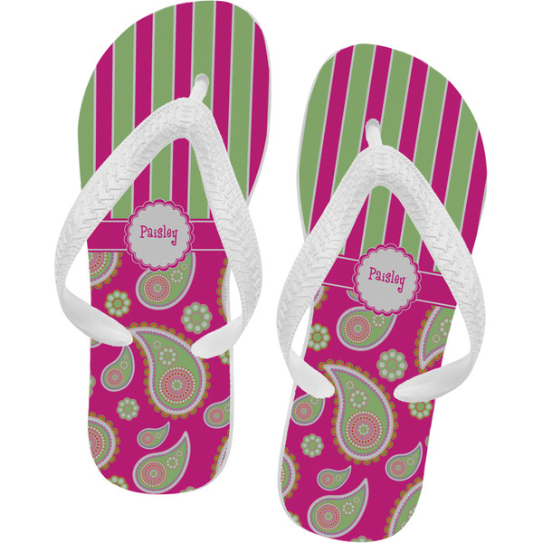 Custom Pink & Green Paisley and Stripes Flip Flops - Medium (Personalized)
